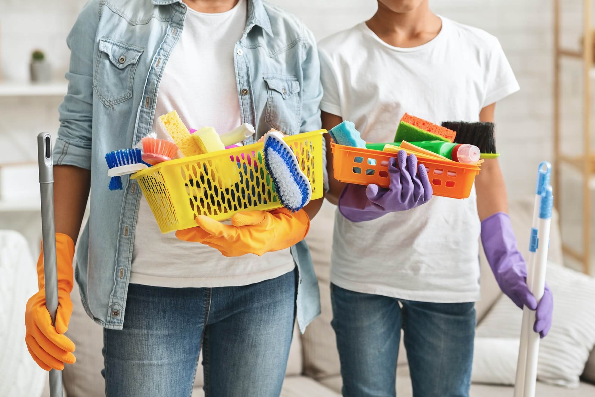 Cropped Image Of Girls Holding Cleaning Tools