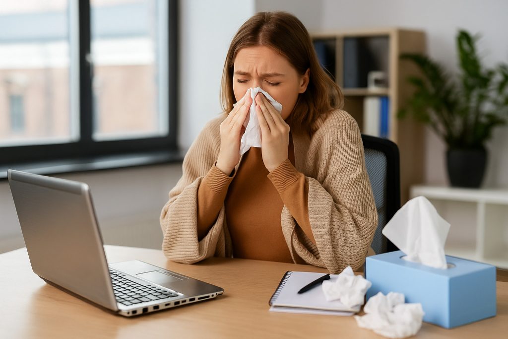 Female employee with flu symptoms using tissues at her desk, highlighting the impact of poor office cleaning on workplace health and productivity.